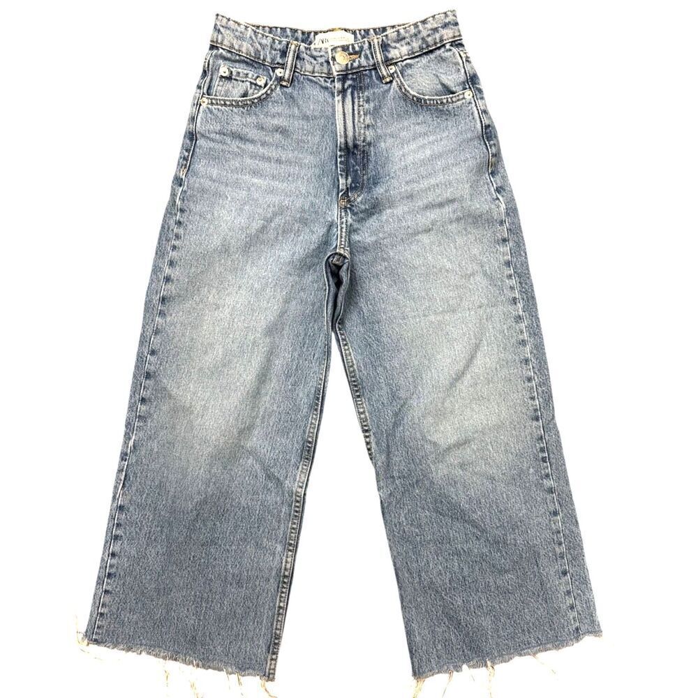 Zara High-Rise, Wide-Leg Baggy with a Frayed Hem Jean Size: 2